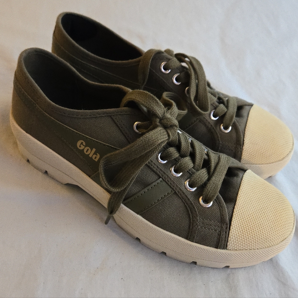 Gola Classics Coaster Peak Khaki Off White Olive Green Canvas Platform Sneakers